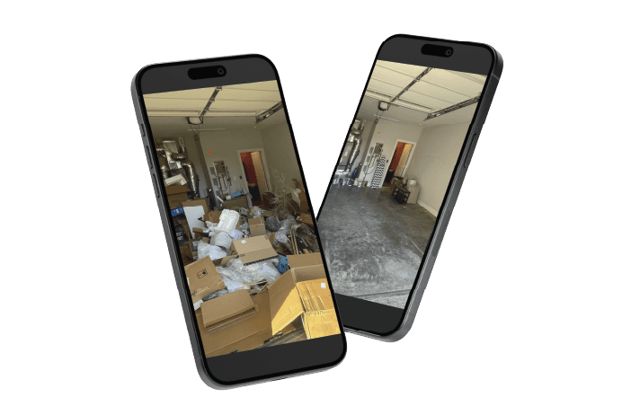 A messy garage on a phone screen on the left, the same garage cleaned out on the right — before and after Junk Shot