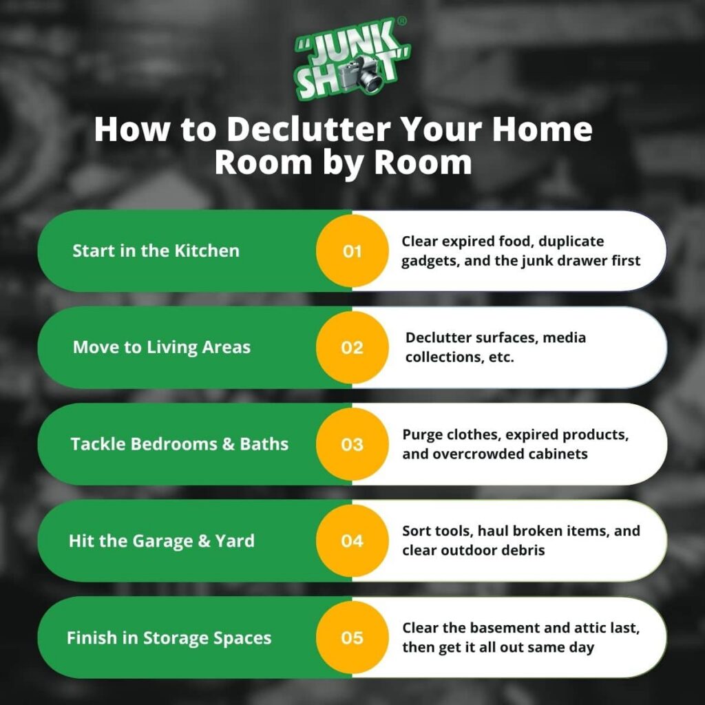 An infographic by Junk Shot titled "How to Declutter Your Home Room by Room," offering a 5-step guide on how to get rid of clutter starting from the kitchen to storage spaces.