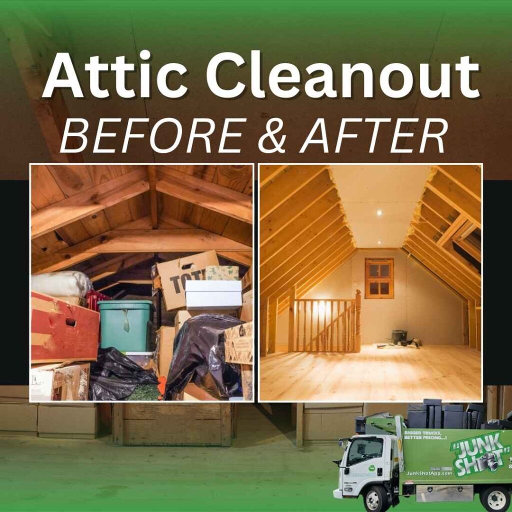 Before and after attic cleanout showing attic cleanout services clearing clutter for spring cleaning