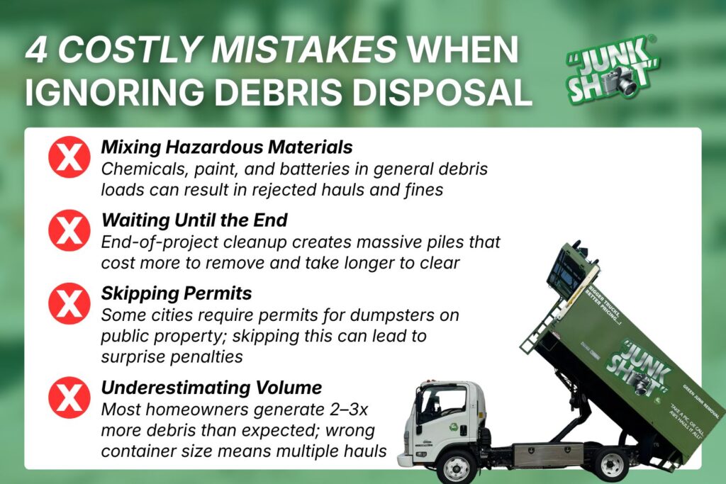 Infographic showing 4 costly construction debris disposal mistakes homeowners make during home renovations.