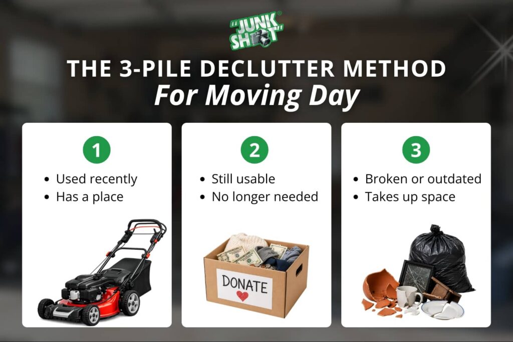 Infographic showing the 3-pile declutter method for moving day garage cleanouts.