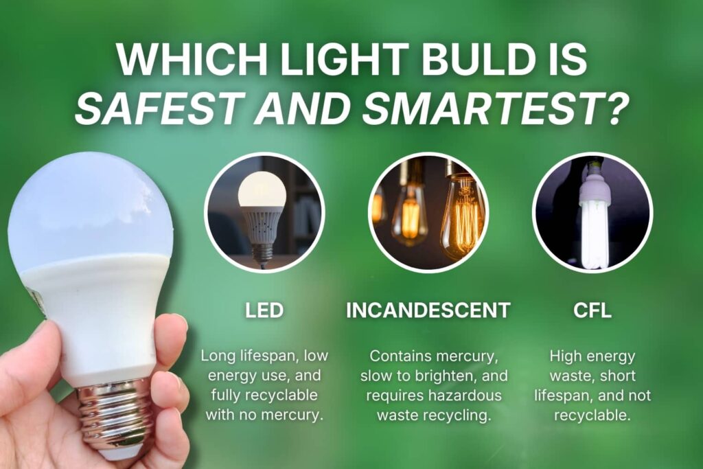 Comparison graphic showing LED, CFL, and incandescent bulbs with key differences in lifespan, energy use, and disposal requirements.