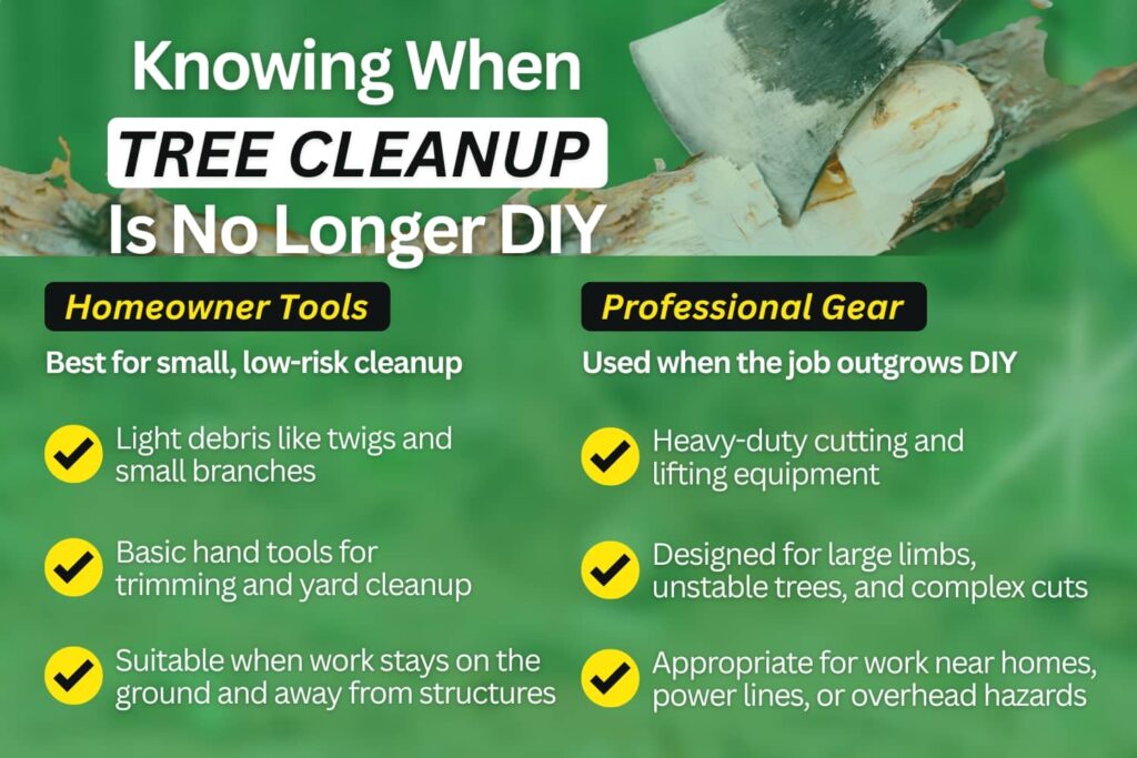 Side-by-side graphic comparing homeowner tools and professional tree removal gear.