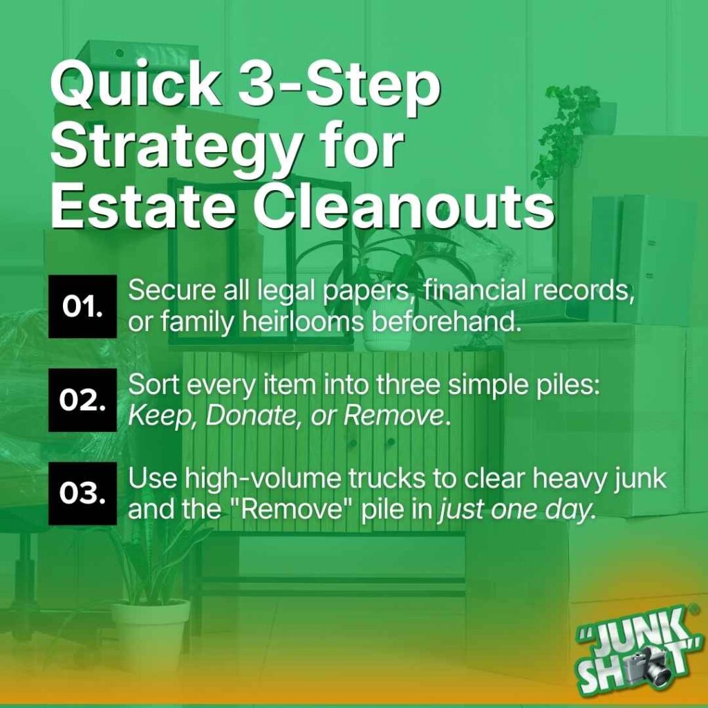 Quick 3-step guide for attic cleanout services showing easy first wins, Keep/Donate/Remove sorting, and removing bulky items safely.