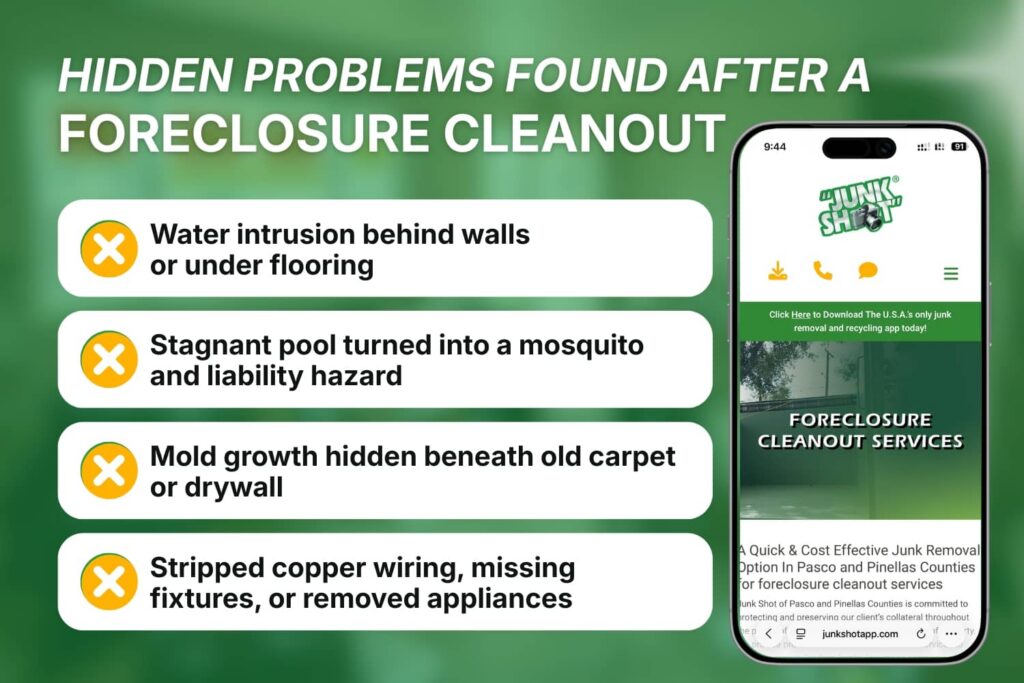 Checklist graphic showing hidden problems commonly discovered during a foreclosure cleanout in Pasco County.
