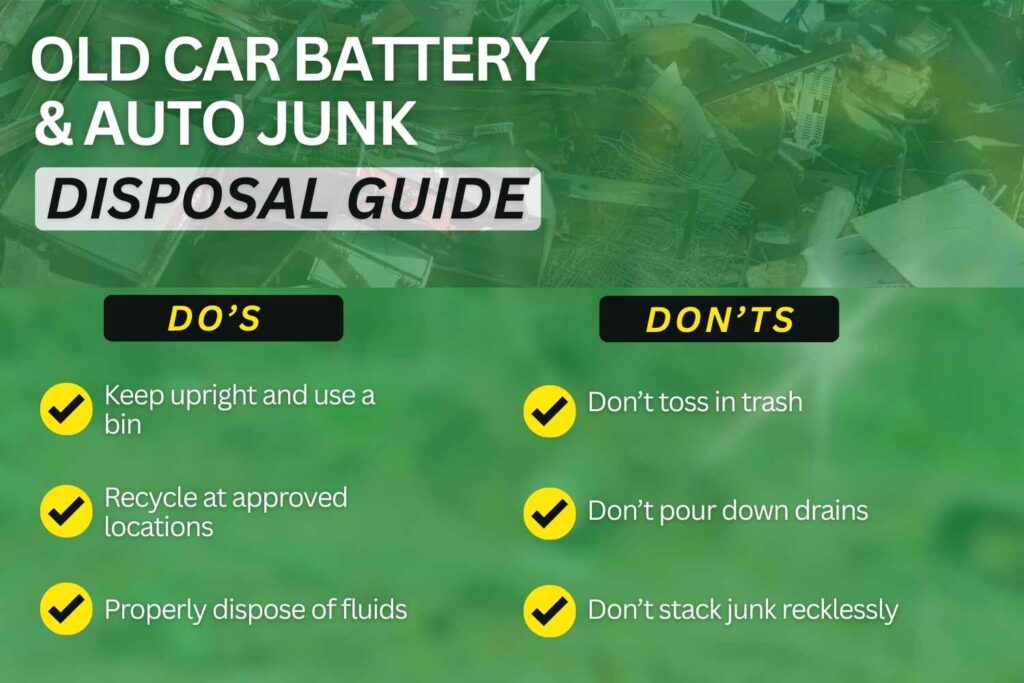An infographic titled "Old Car Battery & Auto Junk Disposal Guide" for Pinellas County, Florida on how to dispose of old car batteries.