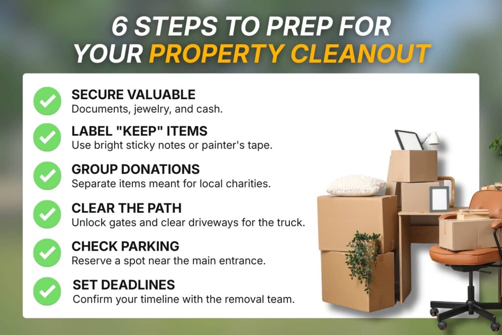 A vertical checklist infographic titled "6 Steps to Prep for Your Property Cleanout," featuring icons for securing valuables, labeling items, and clearing property access.