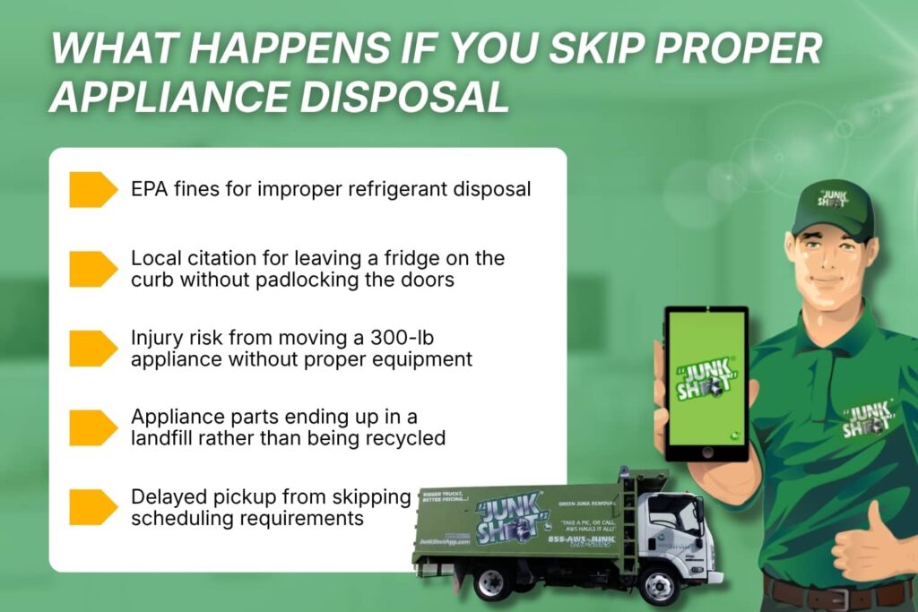 Warning graphic listing five consequences of improper appliance disposal in Pinellas County, including EPA fines, citation risks, injury hazards, landfill waste, and pickup delays.