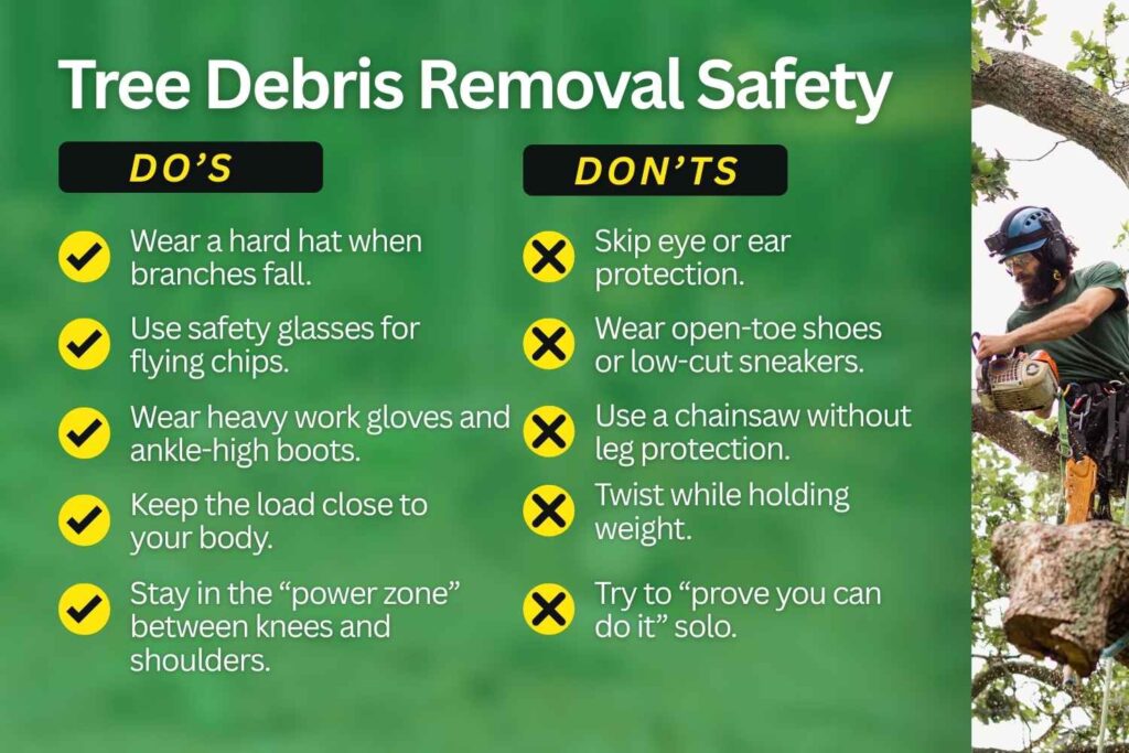 Do and don’t safety chart for tree debris removal showing proper protective gear and correct lifting techniques versus unsafe practices.