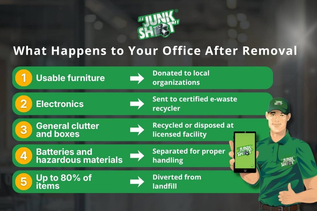 Infographic showing the post-removal destination of office cleanout items, from furniture donation to certified e-waste recycling and landfill diversion.