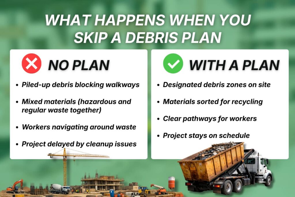 Renovation job site without a debris plan versus with one.